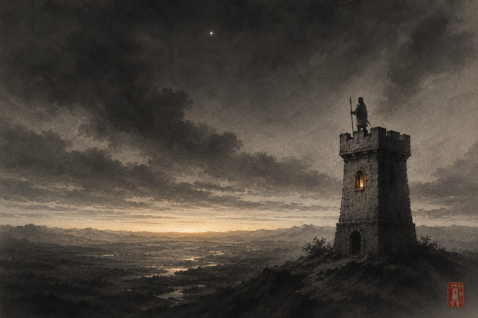 A watchman on the tower parapet before dawn, morning star above — sumi-e ink painting