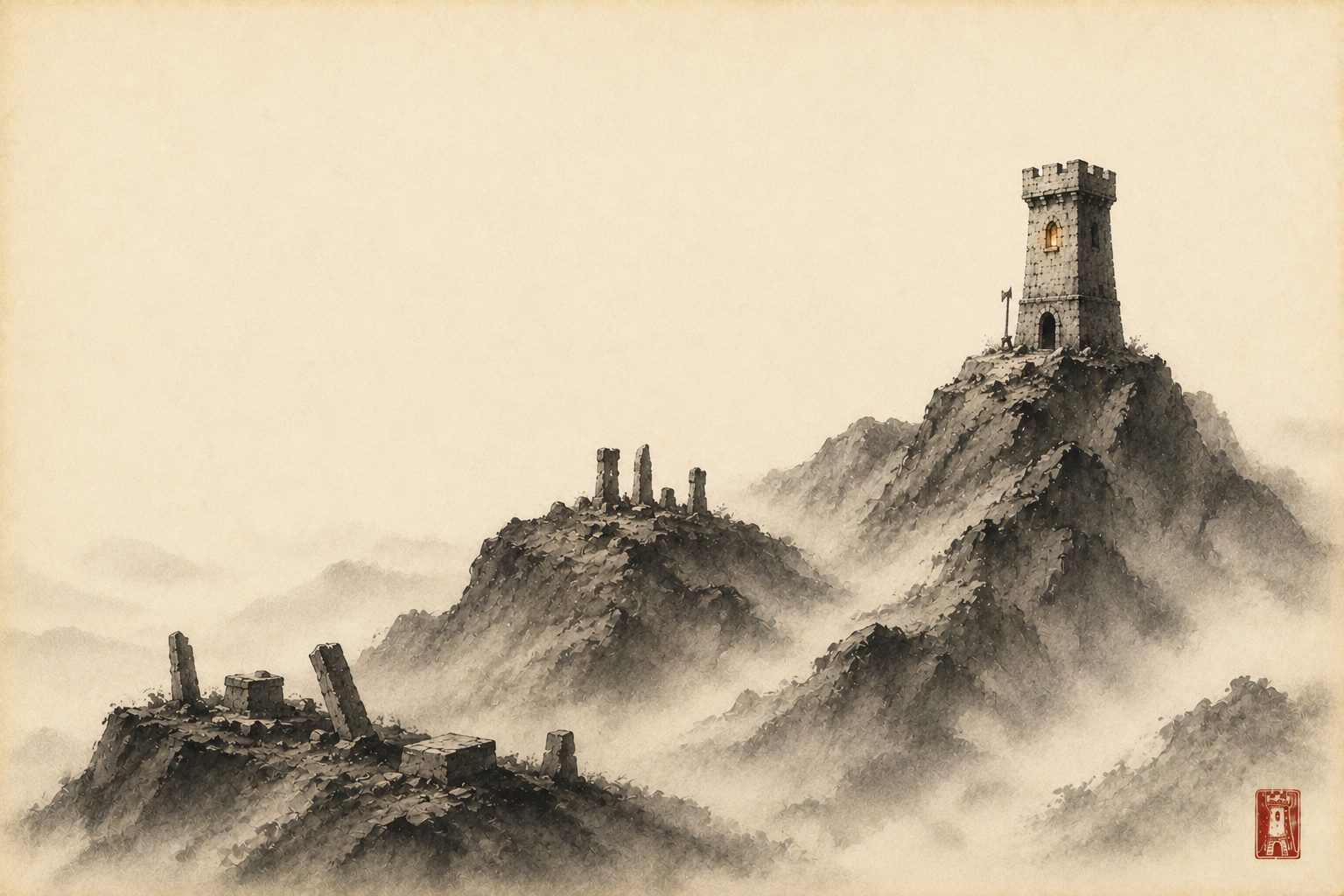 Ruined altars on lower peaks below the tower on the highest crag — sumi-e ink painting