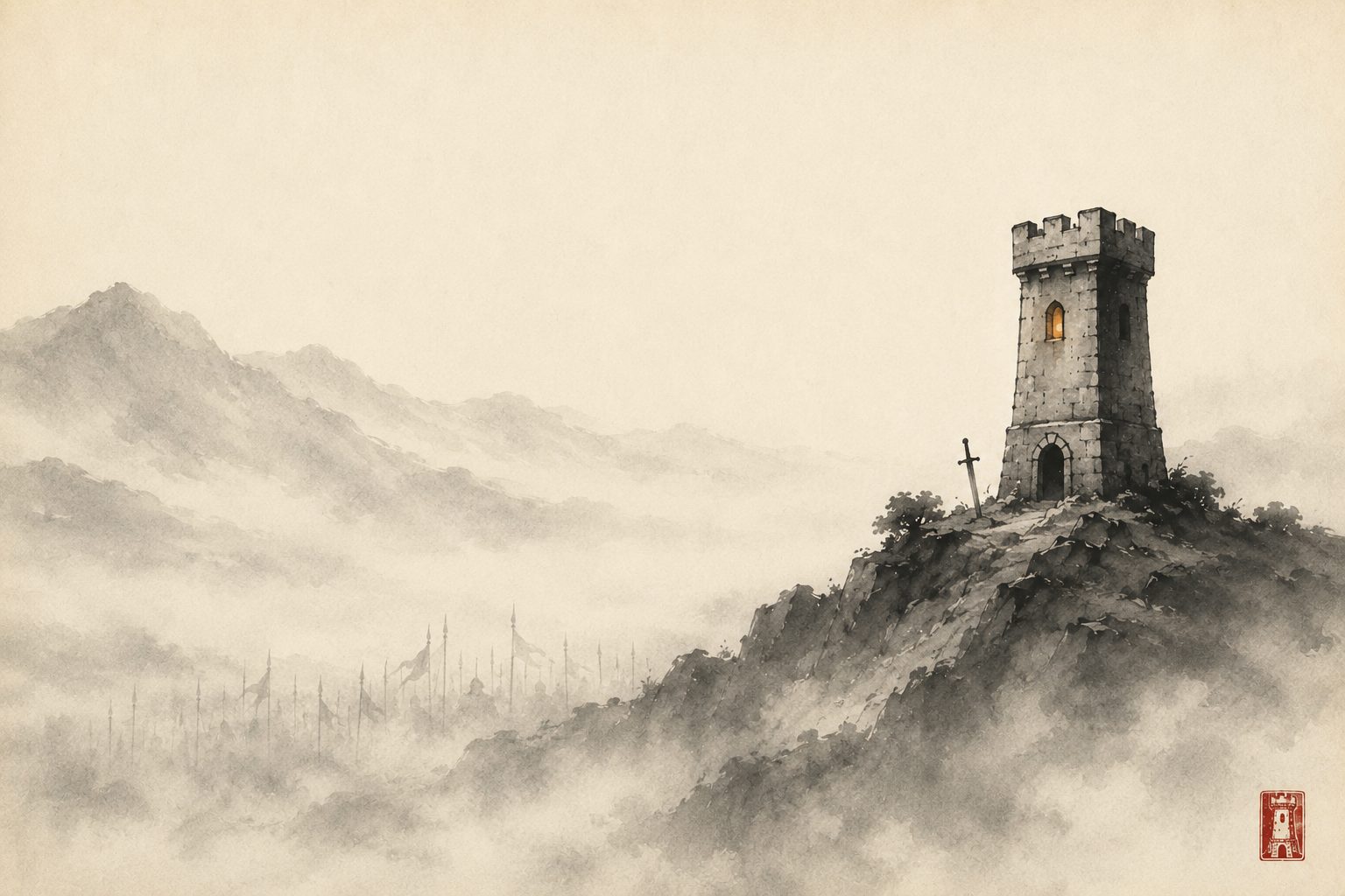 A sword at rest before a tower above a fog-filled valley — sumi-e ink painting