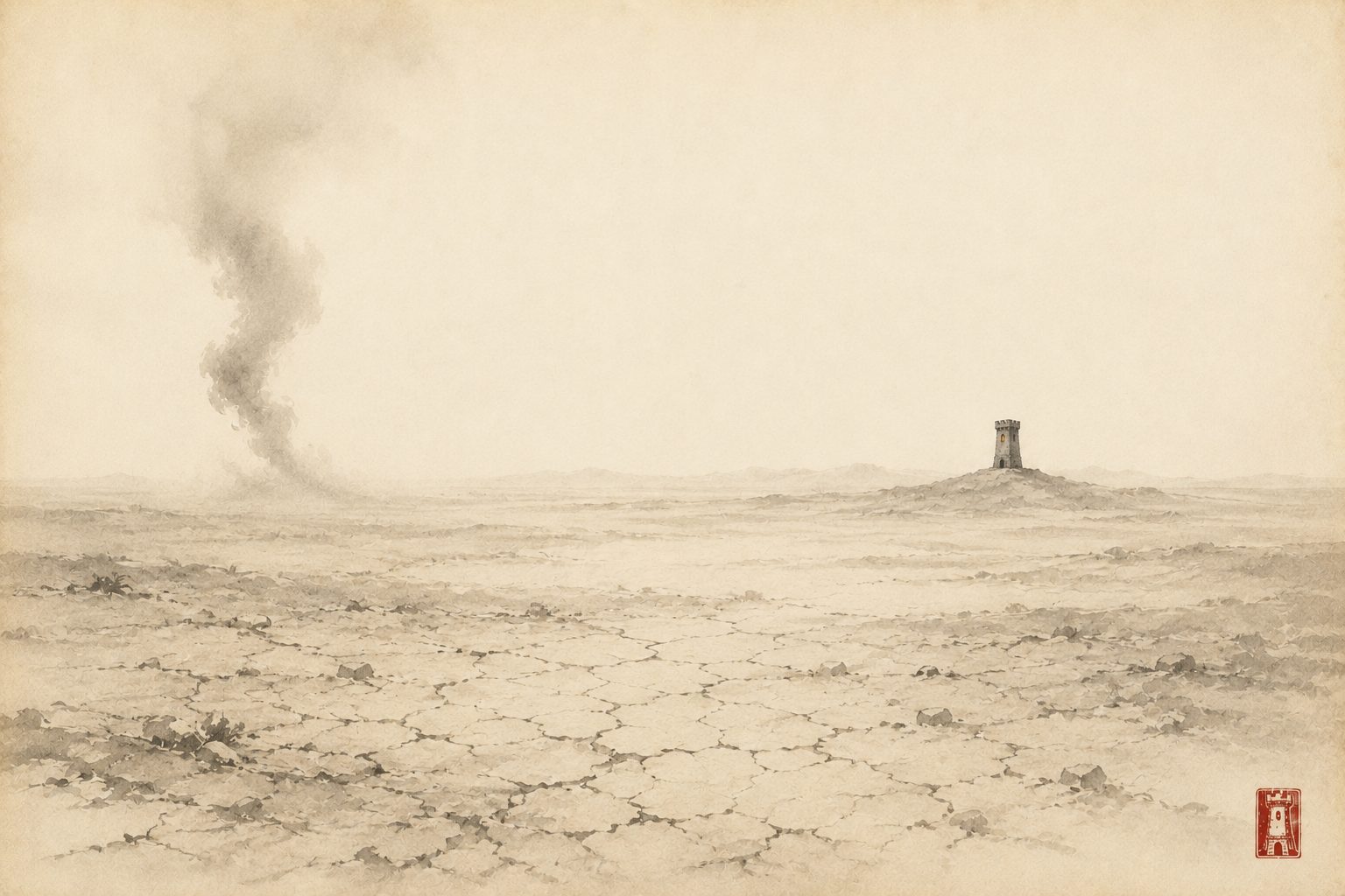 A distant tower across an empty desert, a whirlwind on the horizon — sumi-e ink painting