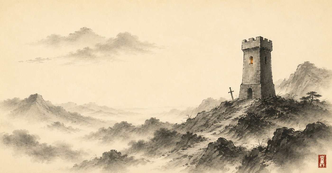 A stone watchtower on a rocky height above rolling mist, a single window lit from within — sumi-e ink painting